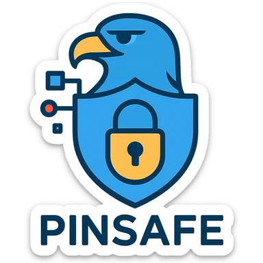 abstract professional eagle logo for digital security agency Pinsafe, stylized with geometric digital motifs, incorporating shield and lock elements, modern trustworthy color palette, evoking cybersecurity national protection professionalism sticker