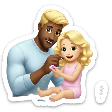 blonde babydaughter gives blonde dad a manicure sticker