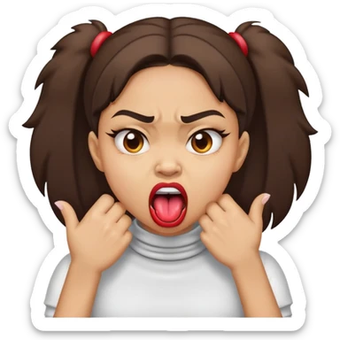 a lightskin girl holding her hands on her throat with her tongue out and angry face sticker