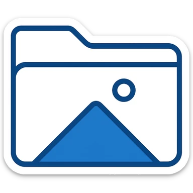 Create a flat color clip art style folder icon with a minimal design. Use three blue shades from the palette. The folder should have a simple mountain and sun or circle detail on it. No text. Match the style of the previous blue folder icons shown in the references. sticker