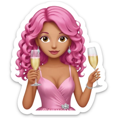 One lady with long pink curled hair and tan skin holding two pink champagne glasses sticker