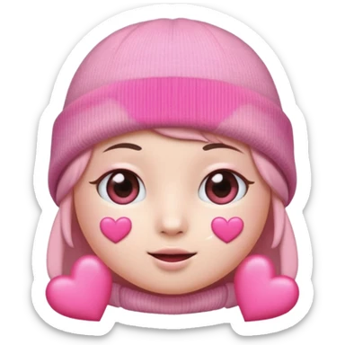 a pastel pink love face emoji with pink hearts in the eyes, pink beanie hat on  sticker