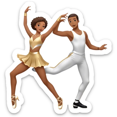 Icon for Sports Dance: a couple performing an energetic and synchronized dance, dressed in competitive dance attire, dance shoes, a rhythmically placed dance floor, and a competition backdrop. The icon should capture the athleticism, technique, and precision of sports dance. Transparent background. sticker