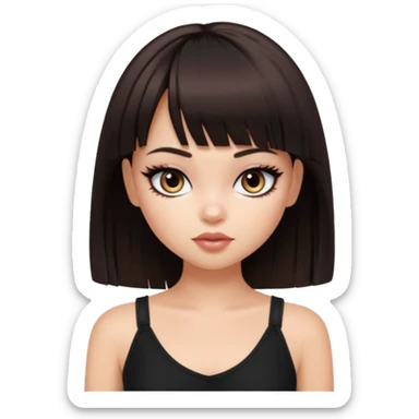 generate a pretty bratz girl in black cami top, dark brown straight bob hair with bangs, eyeliner on, sticker
