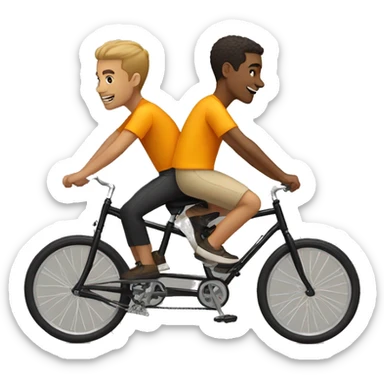 Two guys riding a tandem bike in yellow-orange shirts, one with light skin and light brown hair and one with tan skin and black hair sticker