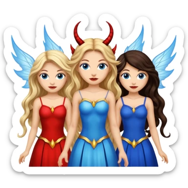Three women as devil fairies with wings, brown eyed light skin with dark blonde long hair and Brown eyed light skin black long wavy hair and blue eyed light skin long blonde hair sticker