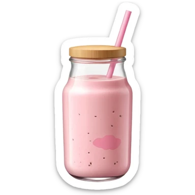 Clear glass jar filled with pastel pink protein smoothie, bamboo straw, minimal  sticker