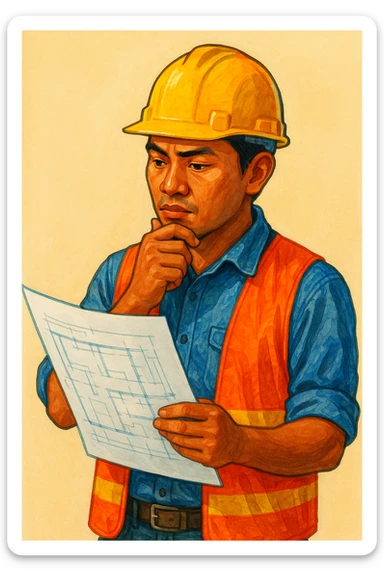 Сгенерируй мне индонезийца в чуть рисованном стиле, в каске и с чертежом в руках. По пояс. На однородном фоне. Он строитель и смотрит в чертеж и думает. Ярко, красиво, красочно sticker