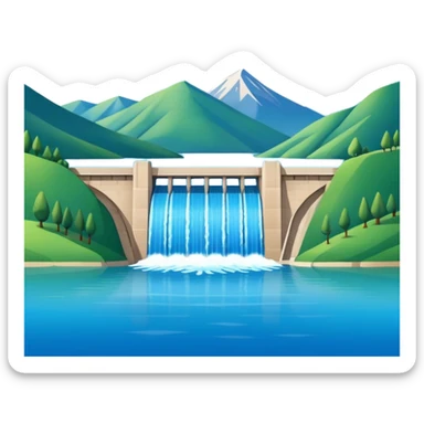 Emoji-style illustration of dam in front of mountain lake, flat vector look, bold outlines, minimal details, no background. sticker