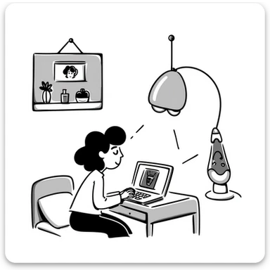 A bedroom lit by a lava lamp and an open laptop running early 2000s MSN Messenger

 sticker