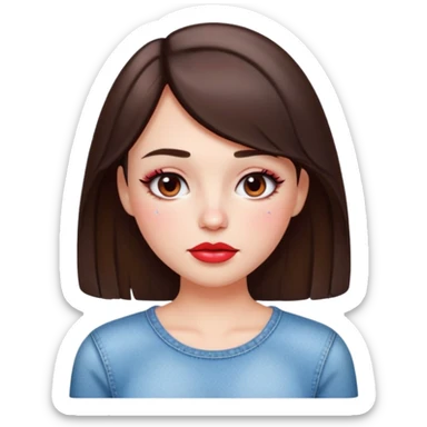 “Emoji brunette girl white top, dewy skin, heavy blush across cheeks and nose bridge, glossy cherry lips, soft eyeliner, teary sparkling eyes like hanni from new jeans sticker