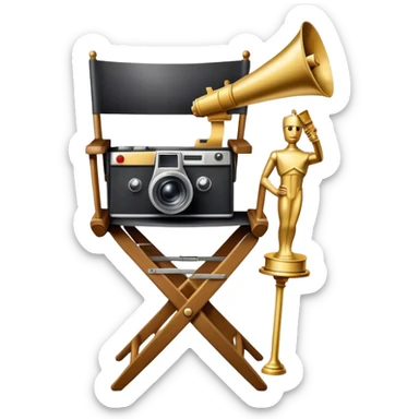 Professional icon for Directing: a collage featuring a director's chair, a film camera, a megaphone and an Oscar trophy. The icon should represent the craft and creativity of film directing, with emphasis on leadership and cinematic artistry. Transparent background. sticker