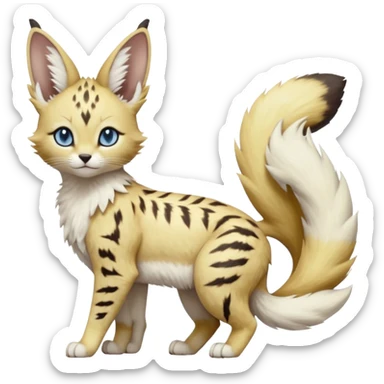 Albino-white, blue-eyed soft natural realistic romantic vintage antique divine beautiful elegant pretty precious cute young youthful  Fakémon-Pokémon-feline-Zeraora-Jolteon-serval-caracal-chinchilla-Minccino-Cinccino-Meowstic-rodent-hybrid-creature with a big fluffy bushy tail (full body) sticker