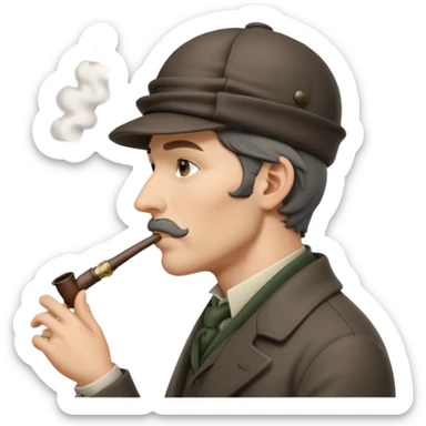A side view of Sherlock Holmes wearing a deerstalker hat with a curved meerschaum pipe held to his lips sticker