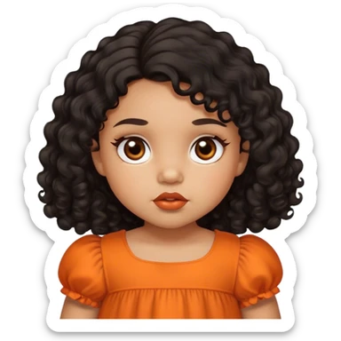 light brown skin tone, very adorable toddler, with big plump lips, long long lashes, black curly hair, middle hair parting, brown eyes, orange dress sticker