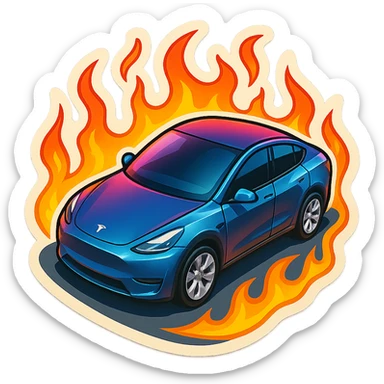 A Tesla Model Y parking in a driveway, from above, with fire around sticker