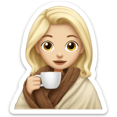 Light blonde hair Girl with brown eyes, drinking coffee, with a cozy blanket sticker