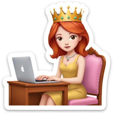 Redhead with crown on her head sat at the desk with MacBook and pink chair  sticker