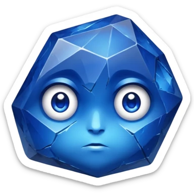 A single sapphire-blue faceted rock head, chunky and worn, with very visible big cracks and chipped facets but still shiny, big kind eyes sticker
