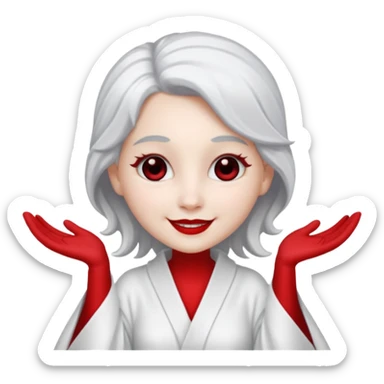 vull un perosnatge estil bimoji que sigui com una nimfa bella i fantasmal amb túniques blanques. Té la pell literalments blanca com el guix, cabell platejat, un nas llarg, ulls negres grans i llavis carmesí. que estigui somrient sense arrecades i vestimenta vermella i blanca sticker