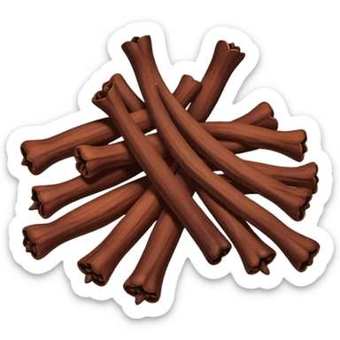 loose scatter of whole cloves, deep brown color, distinctive nail-like shape with rounded heads and tapered stems, dry woody slightly ridged texture, subtle color variations from dark mahogany to reddish brown, soft lighting, subtle shadows, emoji scale sticker