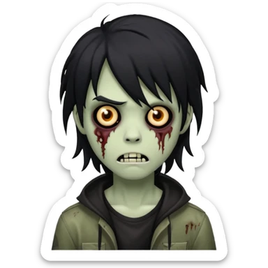 spooky boy zombie, black medium-long hair, emo and shaggy, creepy expression sticker