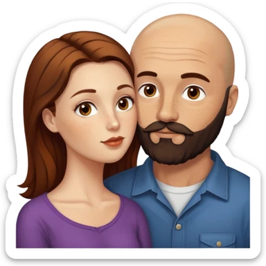 Couple. Bald man with dark brown-black beard. White woman with many small, faded freckles, she has white skin and she has auburn-brown-cinnamon, dark long hair. She has light brown eyes. The man have hazel eyes. Retro style. She kisses him on the cheek. sticker