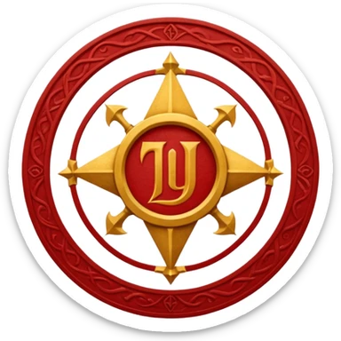 a circular casting sigil inspired by the wizard101 balance school using base color sand and trim color red. A golden scale in the middle as a focus  sticker