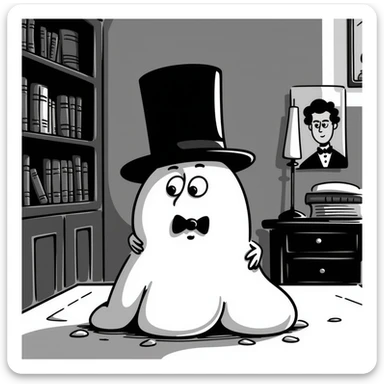 A whimsical, cartoonish 'goop' creature wearing a Victorian gentleman's black top hat, melting slightly over the brim, with expressive eyes peeking out. The background is a muted 19th-century study with warm lighting and leather books. sticker