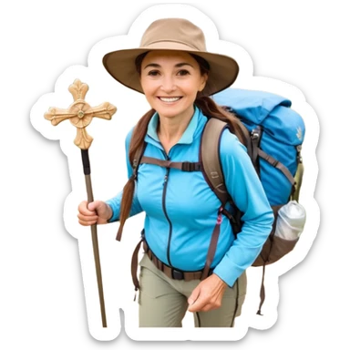 Middle aged women, long brown hair in ponytail with wide brim hiking hat. Walking with backpack and trekking poles. Backpack gas a scallop shell with the cross of saint james hanging from it. She is a pilgrim on the Camino Frances on her way to Santiago de Compostela sticker