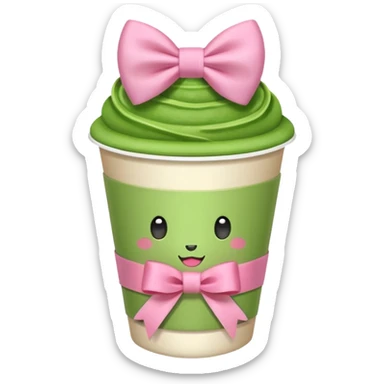 A Matcha in a to go cup with a pink ribbon wrapped around ￼ sticker