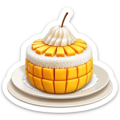 Mango Sticky Rice Cinematic Realistic Mango Sticky Rice Dessert Emoji, depicted as sticky rice drizzled with coconut milk topped with a layer of coconut cream, accompanied by sliced mango on the side of the plate, rendered with vivid textures and warm, tropical lighting. sticker