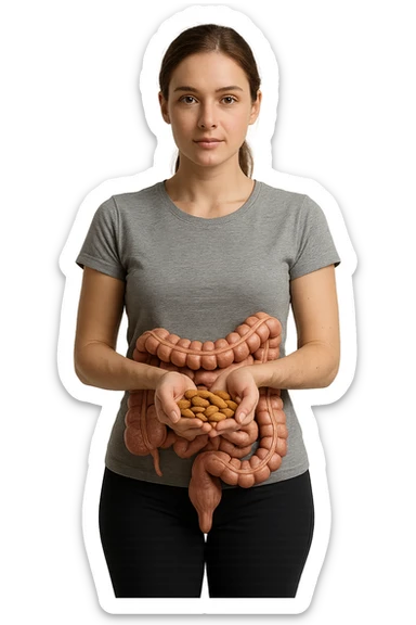 DONNA REALISTICA IN PIEDI CON INTESTINO UMANO ANATOMICO IN EVIDENZA CHE TIENE UNA MANCIATA DI MANDORLE NELLE MANI, iperrealistico 4k, SFONDO BIANCO sticker