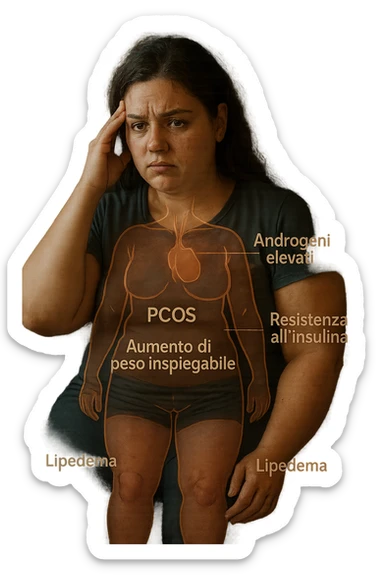 cinematic realistic in italiano Woman with PCOS struggling with hormonal chaos, transparent overlay showing elevated androgens and insulin resistance affecting her body, lipedema causing disproportionate fat accumulation in legs and arms despite normal torso, expression of frustration with unexplained weight gain, medical charts showing complex endocrine dysfunction, painful swollen limbs contrasting with metabolic confusion in italiano sticker