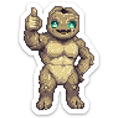 pixel art Geodude with one arm raised in a thumbs up, classic video game style sticker