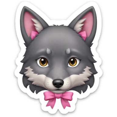 Pleading sad Face cute dark grey wolf with a pink ribbon io his ear head sticker