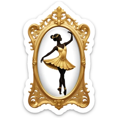 Cinematic Realistic Mirror, a large, ornate mirror reflecting a dancer’s poised silhouette, soft golden light creating depth, slight smudges on the glass adding realism, glowing with a timeless and artistic presence. sticker