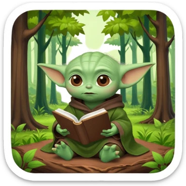 Baby Yoda con su tunica chocolate leyendo en un bosque sticker