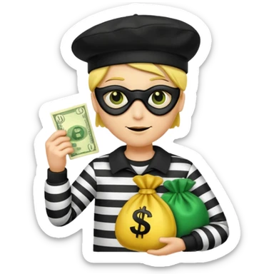 Create a high-quality emoji-style illustration of a cartoon thief character. The character should have a yellow face, wearing a black eye mask and a black beret. He is dressed in a black-and-white striped shirt. In one hand, he's holding a golden money bag with a green dollar sign on it.  sticker
