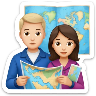 Russian young man and elegant fair-skinned Latina girl in costal-grandma outfits with a map planning  sticker