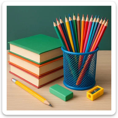 school supplies like books and pencils arranged together sticker