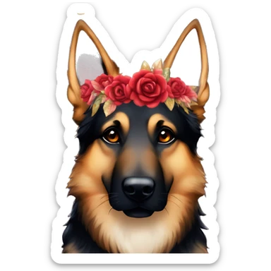 Bokeh Midnight constellation night stars Brindled striped brindle black German shepherd fox carrying glowing red lantern, fairy lights, rose flower crown, bokeh lights, out of focus blur sticker