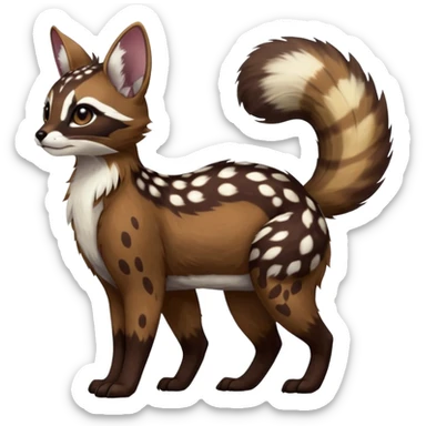 Colorful dark realistic chocolate-brown tropical beige fur glorious divine exotic cute cool beautiful shiny beautiful fantasy-Furret-Eevee-caracal-civet-genet-sergal-vernid-Cacomistle-oncilla-animal-Fakémon-hybrid-fursona with white deer-spots pattern markings (full body) sticker