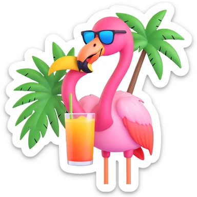 flamingo with sunglasses with a tropical drink and palm tree sticker