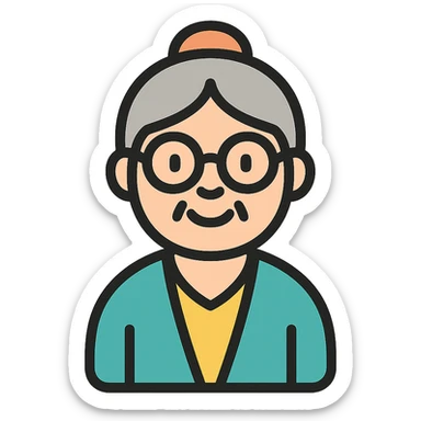 elderly smiling granny who looks like a librarian, glasses, neat hair bun, cardigan sticker