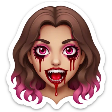 Tan girl with brown wavy hair and brown eyes with long eyelashes with vampire fangs and blood dripping from the fangs with pink blush on her cheeks  sticker