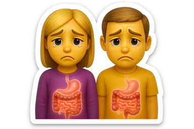 emoji stile iphone di un uomo e una donna con espressione triste ed intestino in evidenza, iperrealistico 4k sticker