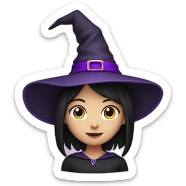 a young white-brown thin girl with straight black hair dressed as a witch with purple hat sticker