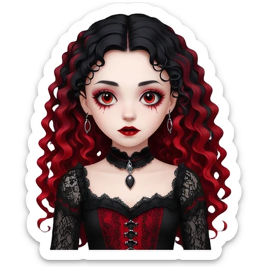 A girl with a red goth vampire look in a black and red goth lace dress with long sleeves and long black curly hair bold look on her face sticker