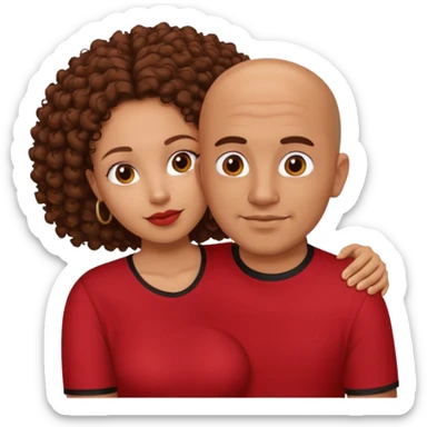 A picture of a tanned couple embracing. the guy is Mexican, with a bald hair cut and he is wearing a red shirt. the girl is mixed, the girl is wearing a black shirt, the girl has brown curly big hair and with big boobs  sticker
